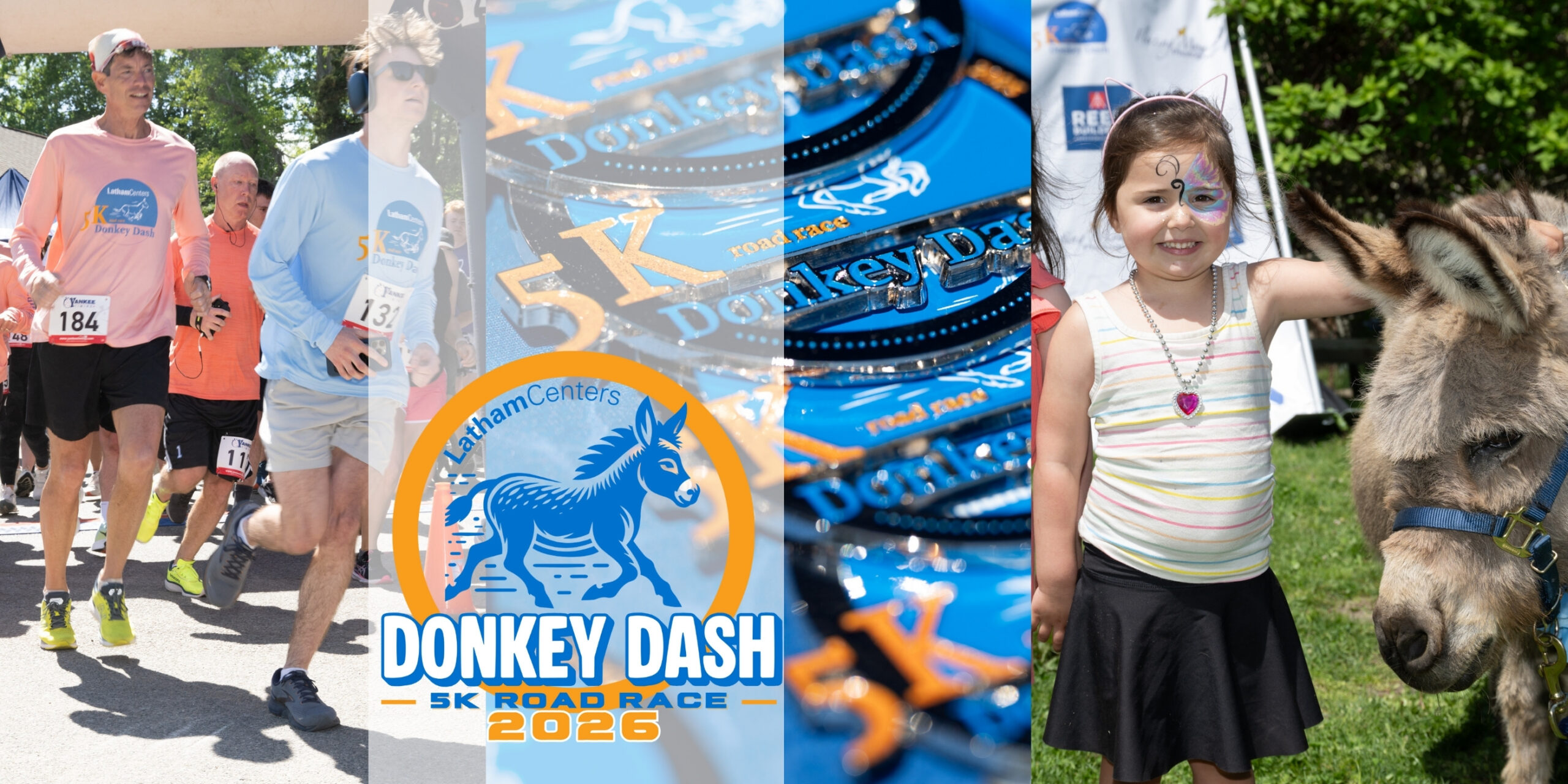 three images. One of runners, one of medals, one of a child posing with a donkey.